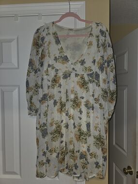 Umgee Floral V-Neck Babydoll Dress - Cream with Blue & Green Floral